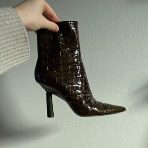 BCBGMaxAzria Glossy Brown Croc Heeled Boots